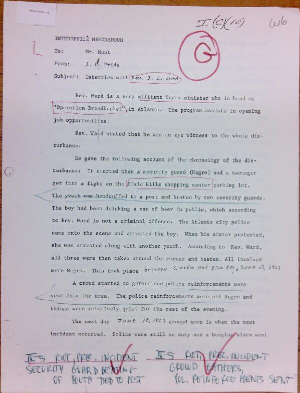 First page of Memo to Isaac Hunt from J.L. Pride regarding an interview with J.C. Ward - with handwritten notes