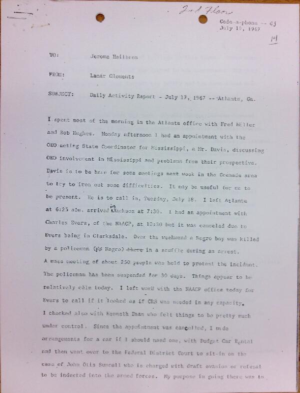 First page of Daily report memo from Lamar Clements to Jerome Heilbron (July 17) - with handwritten edits