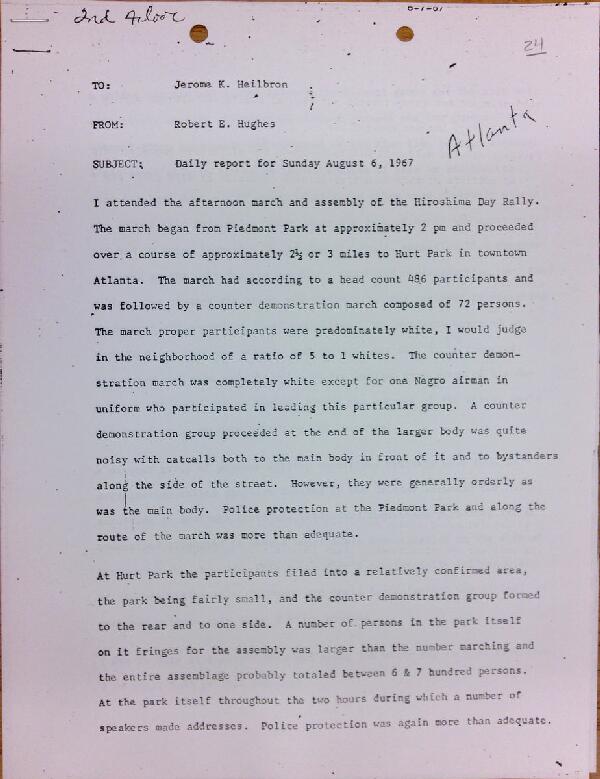 First page of Daily report memo from Robert Hughes to Jerome Heilbron (August 6)