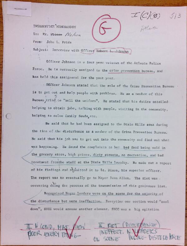 First page of Memo to Mr. Nelson from John L. Pride regarding an interview with Robert L. Johnson - with handwritten notes