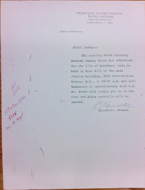 First page of Note from Claudette Johnson to Herbert Jenkins regarding a meeting with Ramsey Clark