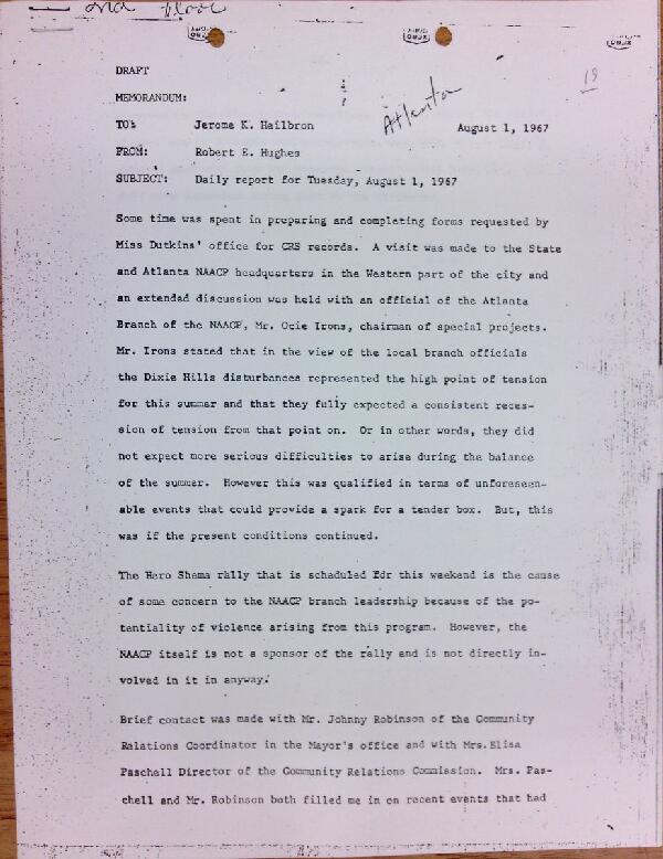 First page of Daily report memo from Robert Hughes to Jerome Heilbron (August 1)