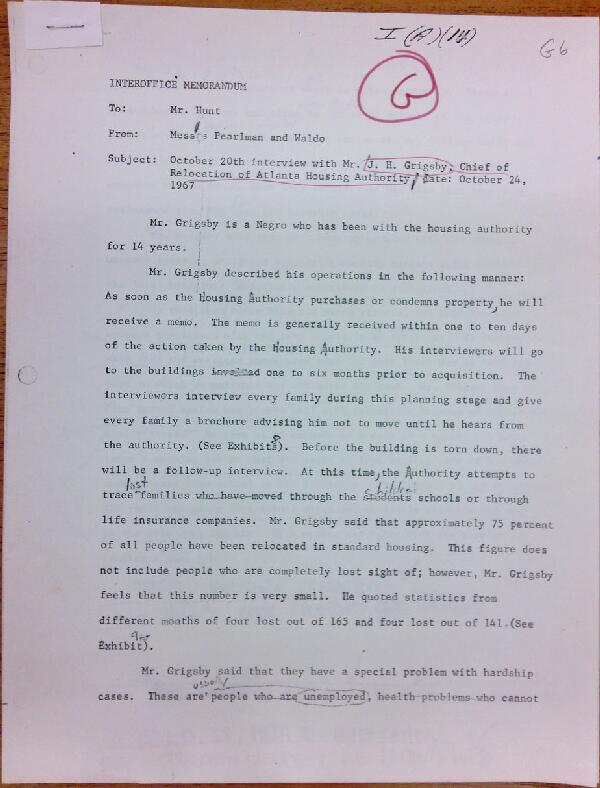 First page of Memo to Isaac Hunt from Daniel Pearlman and Everett Waldo regarding an interview with J.H. Grigsby - with handwritten notes