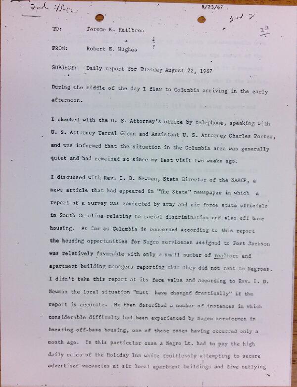 First page of Daily report memo from Robert Hughes to Jerome Heilbron (August 22)