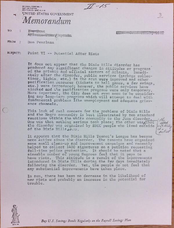 First page of Memo Point VI - Potential After Riots