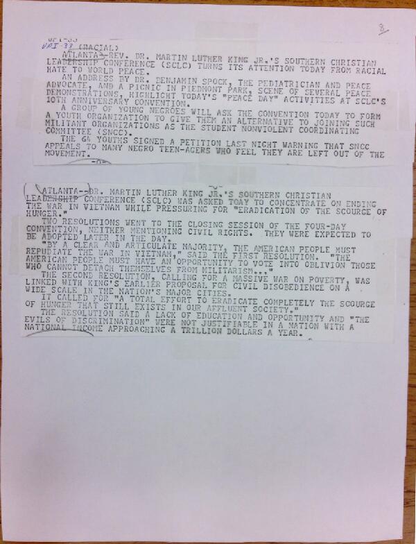 First page of Photocopies of two press relases about Martin Luther King Jr. and the Southern Christian Leadership Conference in Atlanta