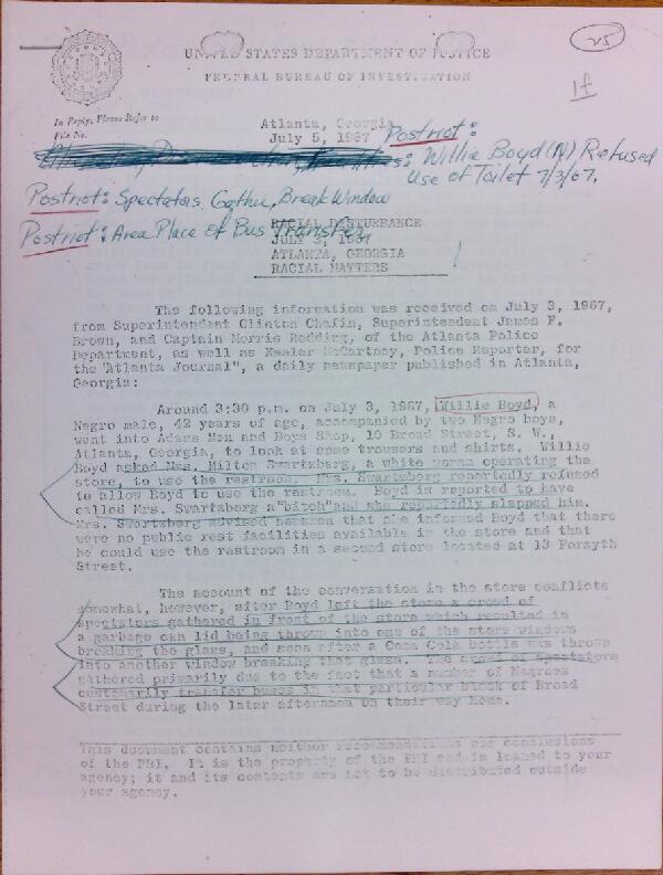 First page of FBI Report: Racial Disturbance July 3, 1967 Atlanta, Georgia Racial Matters (July 5) - with handwritten notes