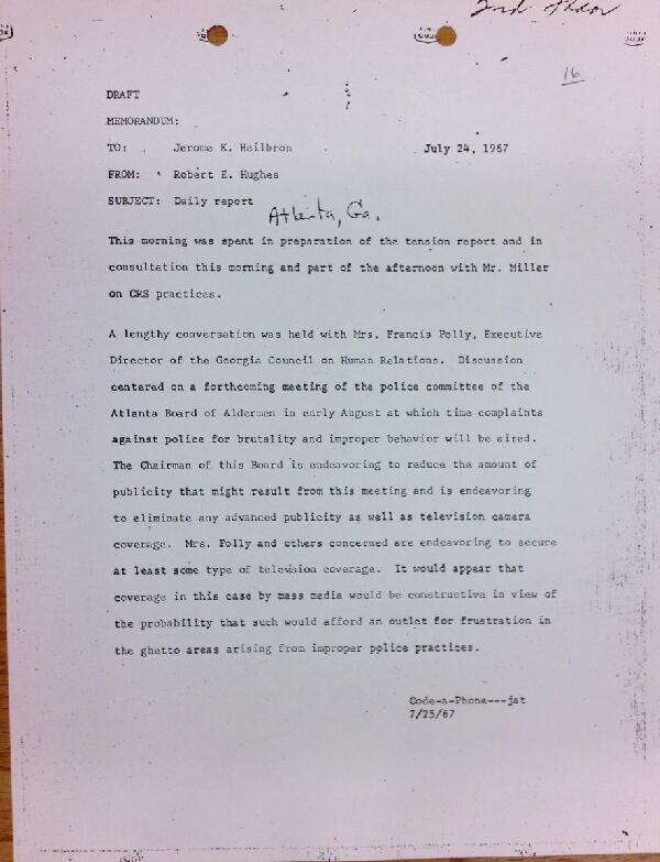 First page of Daily report memo from Robert Hughes to Jerome Heilbron (July 24)