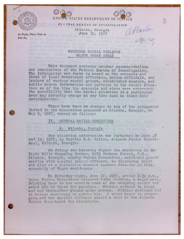 First page of FBI Report: Possible Racial Violence Major Urban Areas (June 19)