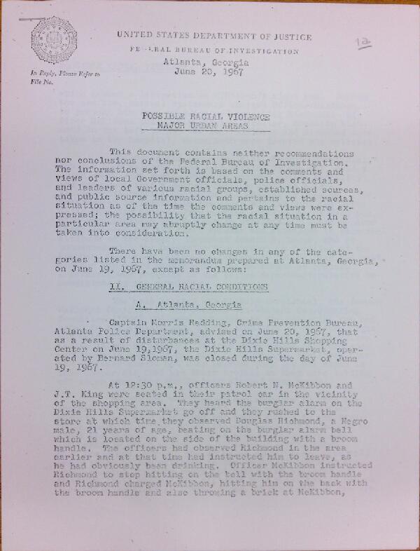 First page of FBI Report: Possible Racial Violence Major Urban Areas (June 20)