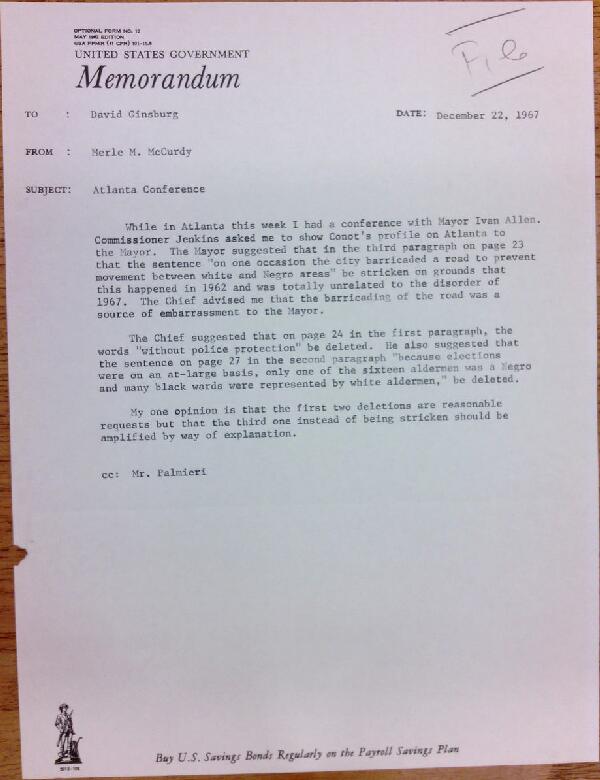 First page of Memo from Merle M. McCurdy to David Ginsburg about a meeting with Ivan Allen