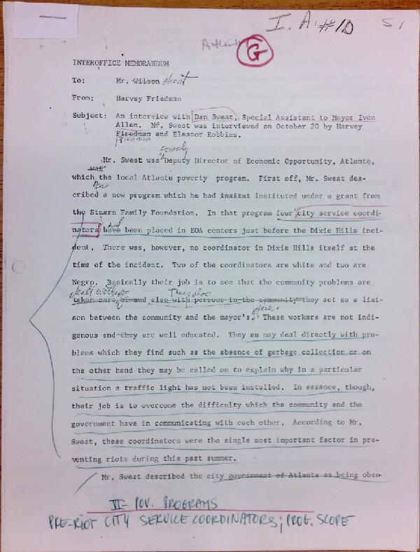 First page of Memo to Isaac Hunt from Harvey Friedman regarding an interview with Dan Sweat - with handwritten notes