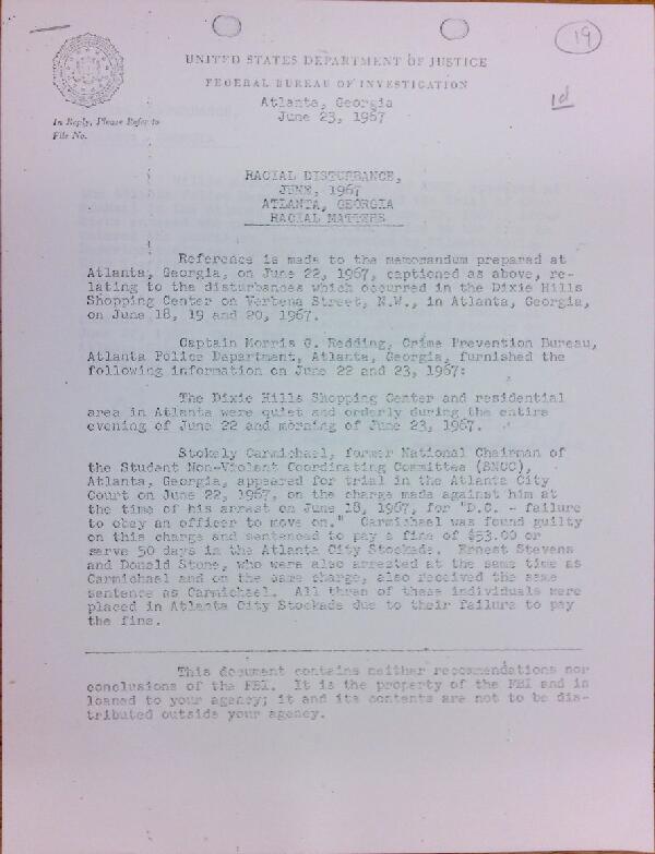 First page of FBI Report: Racial Disturbance June, 1967 Atlanta, Georgia Racial Matters (June 23) - with handwritten notes