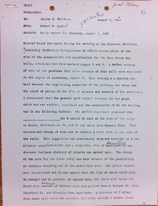 First page of Daily report memo from Robert Hughes to Jerome Heilbron (August 3)