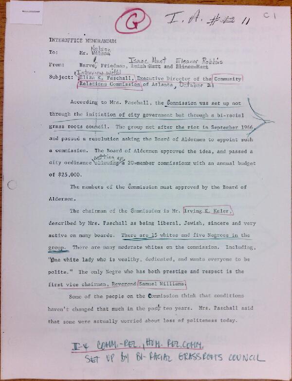 First page of Memo to Mr. Nelson from Harvey Friedman, Isaac Hunt, and Eleanor Robbins regarding an interview with Eliza K. Pascall