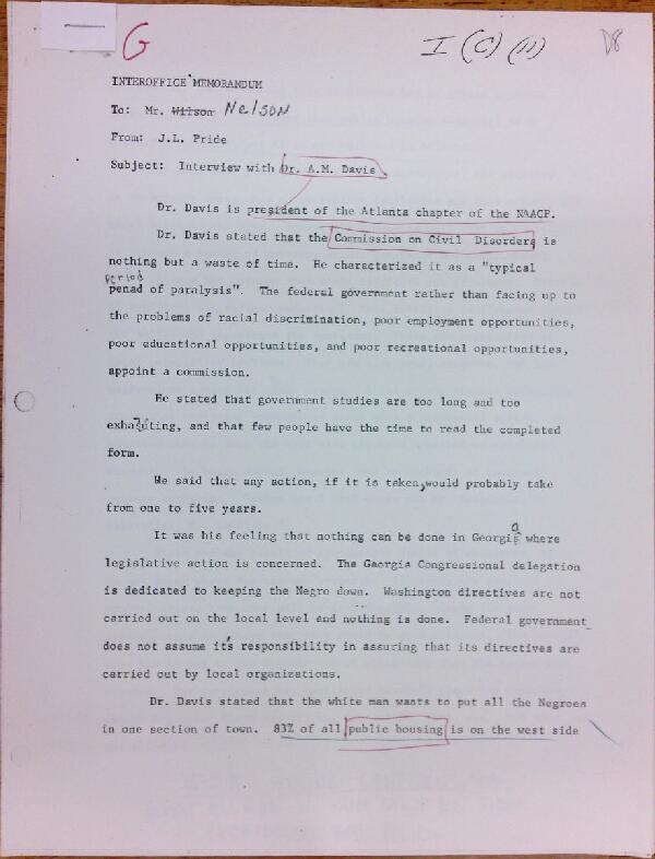 First page of Memo to Mr. Nelson from J.L. Pride regarding an interview with Dr. A.M. Davis - with handwritten notes