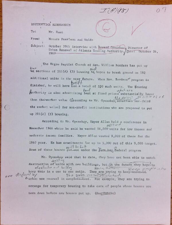 First page of Memo to Isaac Hunt from Daniel Pearlman and Everett Waldo regarding an interview with Howard Openshaw - with handwritten notes