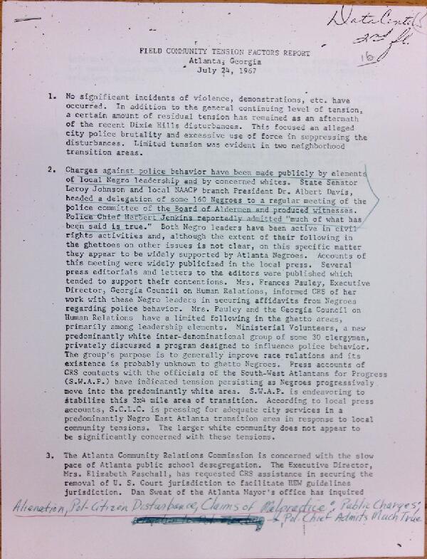 First page of Field Community Tension Factors Report Atlanta, Georgia (July 24) - with handwritten notes