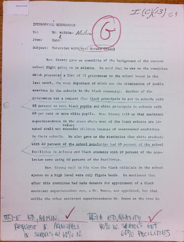 First page of Memo to Mr. Nelson from Isaac Hunt regarding an interview with Reverend Howard Creecy - with handwritten notes