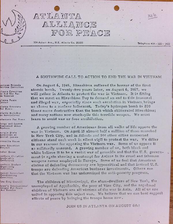 First page of Atlanta Alliance For Peace anti-Vietnam War flyer