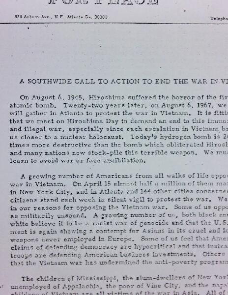 Atlanta Alliance For Peace anti-Vietnam War flyer