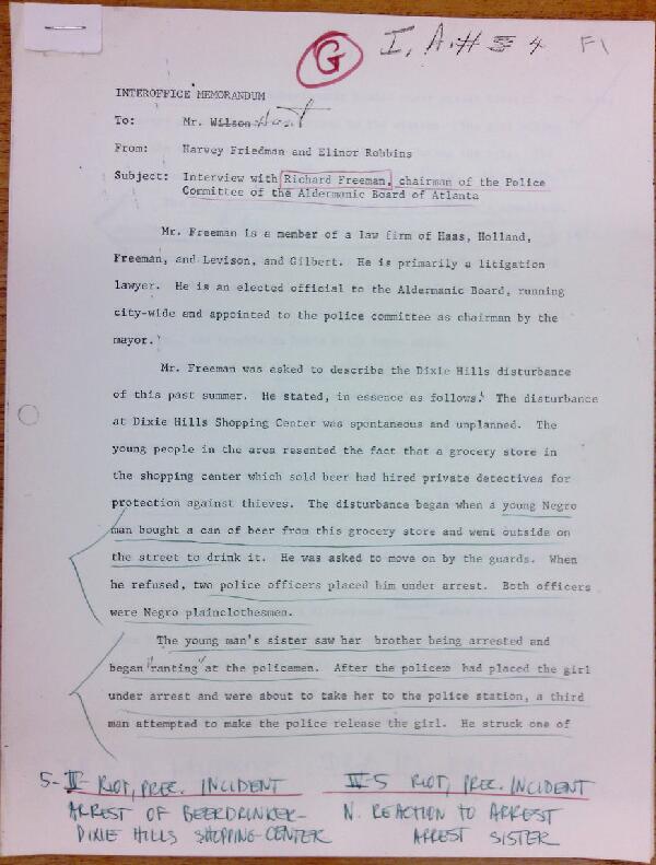 First page of Memo to Isaac Hunt from Harvey Friedman and Eleanor Robbins regarding an interview with Richard Freeman - with handwritten notes