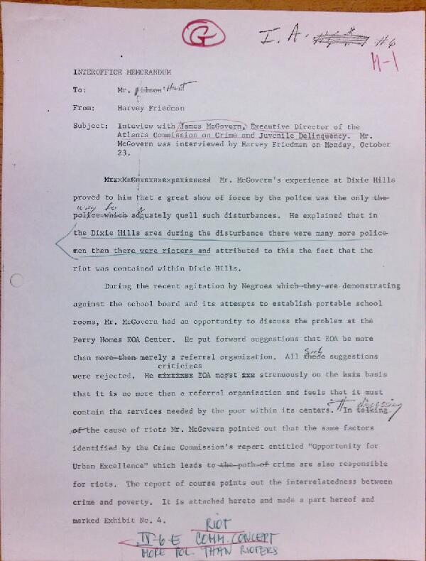 First page of Memo to Isaac Hunt from Harvey Friedman regarding an interview with James McGovern - with handwritten notes