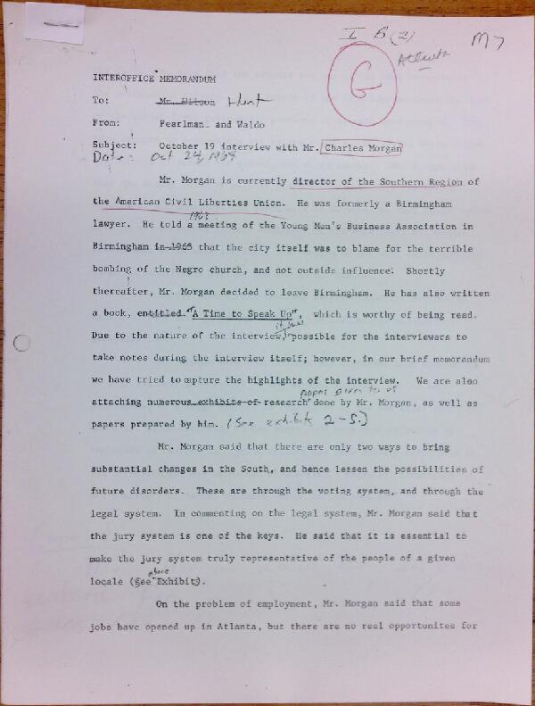 First page of Memo to Isaac Hunt from Daniel Pearlman and Everett Waldo regarding an interview with Charles Morgan - with handwritten notes