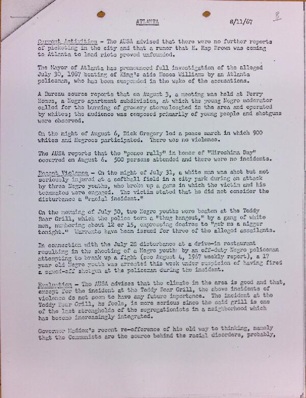 First page of Atlanta report of activities (August 11)