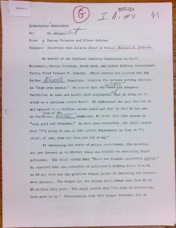 First page of Memo to Isaac Hunt from Harvey Friedman and Eleanor Robbins regarding an interview with Herbert T. Jenkins - with handwritten notes