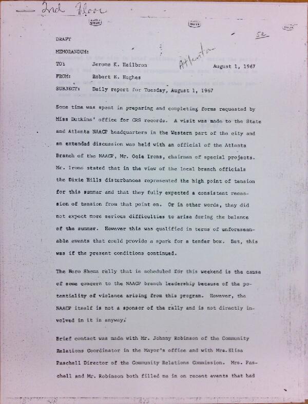 First page of Daily report memo from Robert Hughes to Jerome Heilbron (August 1)
