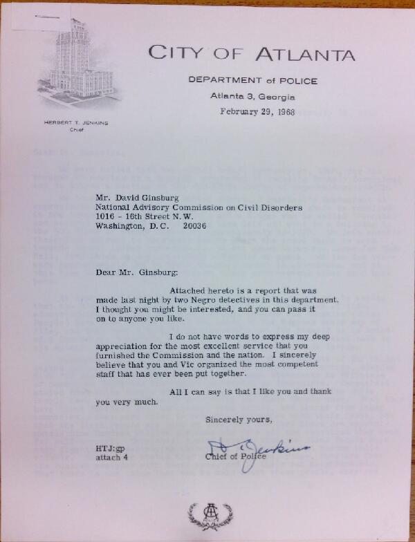 First page of Letter from Herbert Jenkins to David Ginsburg with report by Atlanta police officers Early and Graham (February 29)