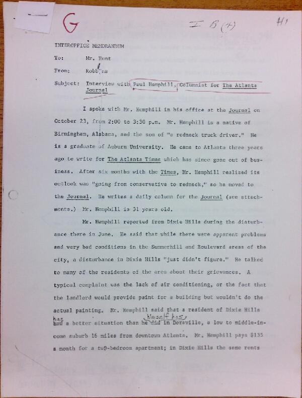First page of Memo to Isaac Hunt from (Eleanor?) Robbins regarding an interview with Paul Hemphill - with handwritten notes