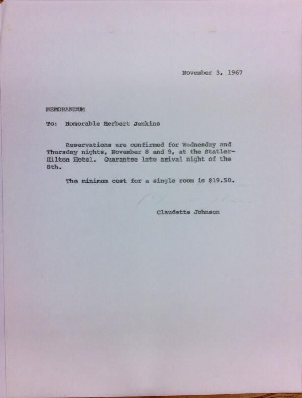 First page of Memo from Claudette Johnson to Herbert Jenkins (November 3)