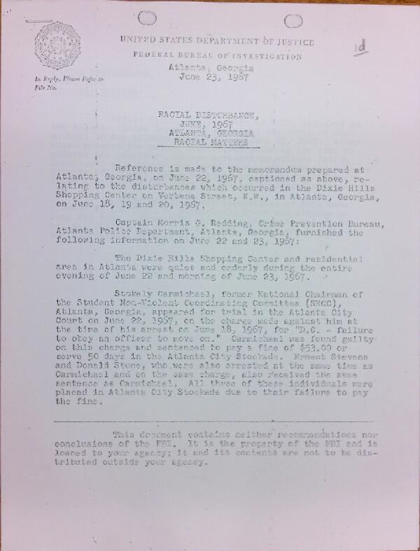 First page of FBI Report: Racial Disturbance, June, 1967 Atlanta, Georgia Racial Matters (June 23)