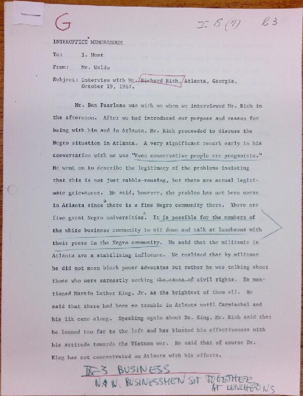 First page of Memo to Isaac Hunt from Everett Waldo regarding an interview with Richard Rich - with handwritten notes