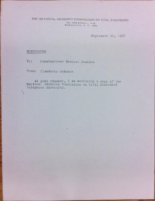 First page of Memo from Claudette Johnson to Herbert Jenkins (September 22)