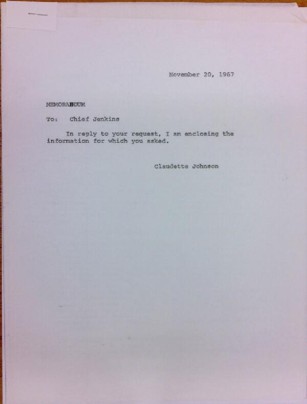 First page of Memo from Claudette Johnson to Herbert Jenkins with attached "Statement by a Spokesman for the Department of Justice"