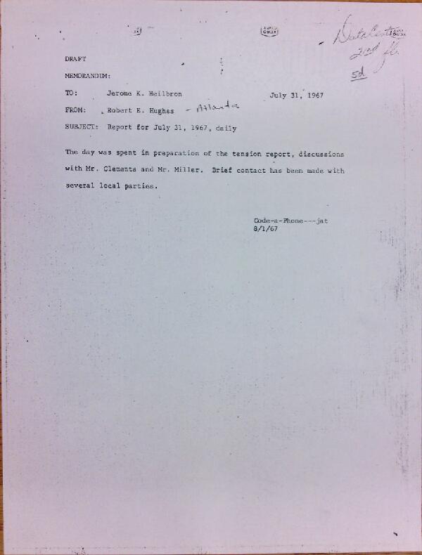 First page of Daily report memo from Robert Hughes to Jerome Heilbron (July 31)