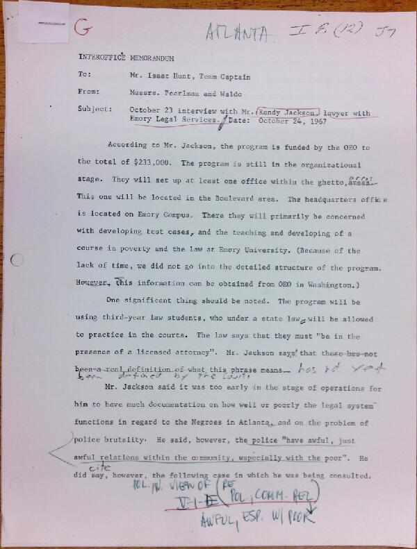First page of Memo to Isaac Hunt from Daniel Pearlman and Everett Waldo regarding an interview with Randy Jackson - with handwritten notes