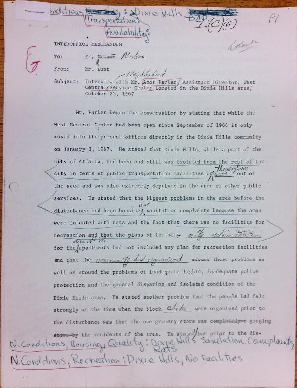First page of Memo to Mr. Nelson from Isaac Hunt regarding an interview with Amos Parker - with handwritten notes