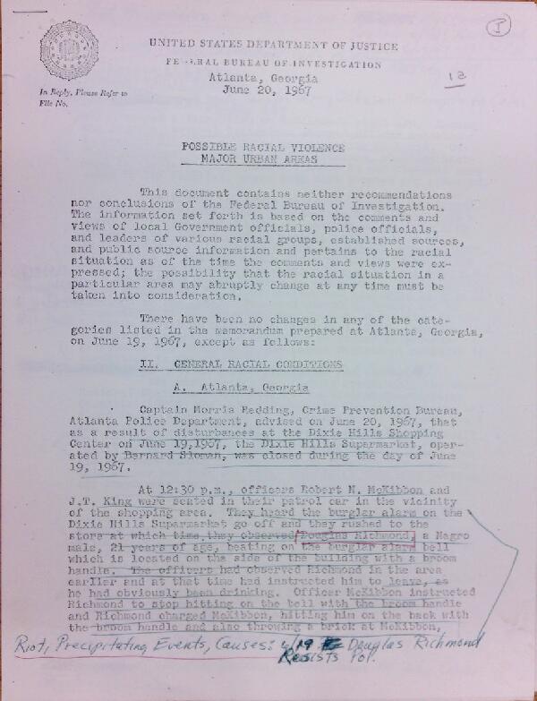 First page of FBI Report: Possible Racial Violence Major Urban Areas (June 20) - with handwritten notes