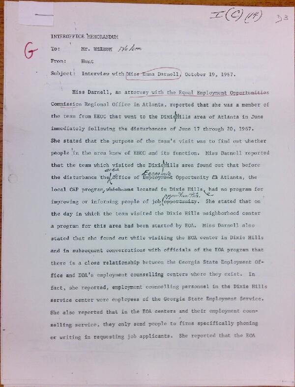 First page of Memo to Mr. Nelson from Isaac Hunt regarding an interview with Emma Darnell - with handwritten notes