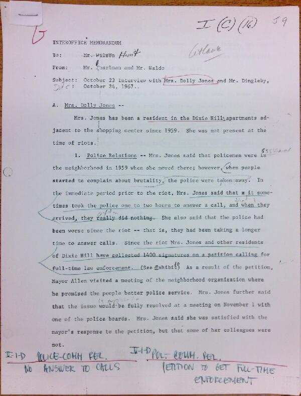 First page of Memo to Isaac Hunt from Daniel Pearlman and Everett Waldo regarding an interview with Dolly Jones and Mr. Dingleby - with handwritten notes