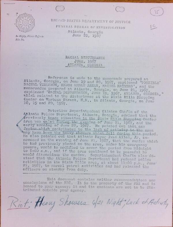 First page of FBI Report: Racial Disturbance June, 1967 Atlanta, Georgia (June 22) - with handwritten notes
