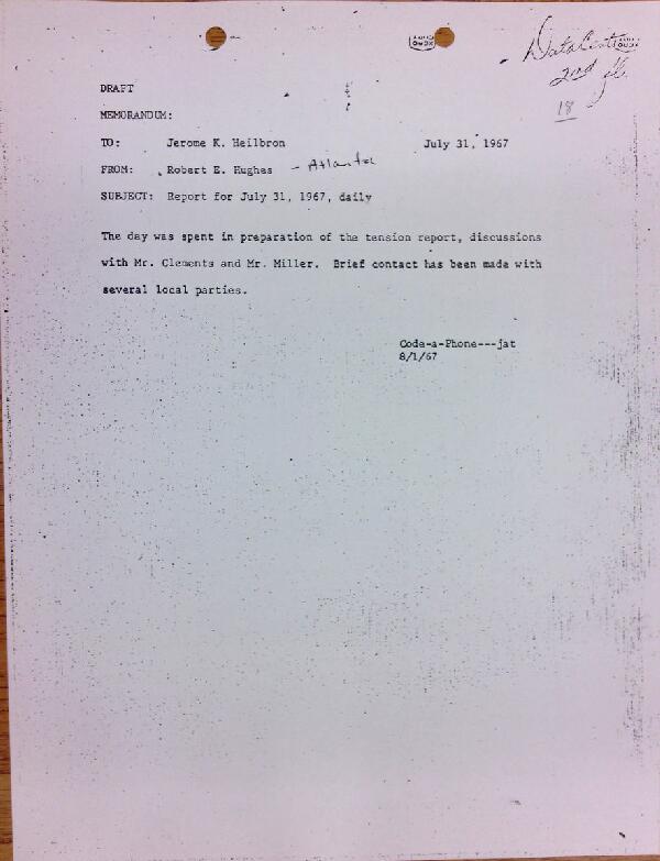 First page of Daily report memo from Robert Hughes to Jerome Heilbron (July 31)