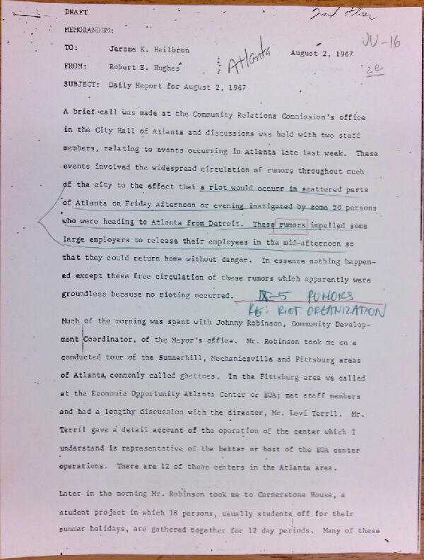 First page of Daily report memo from Robert Hughes to Jerome Heilbron (August 2) - with handwritten notes