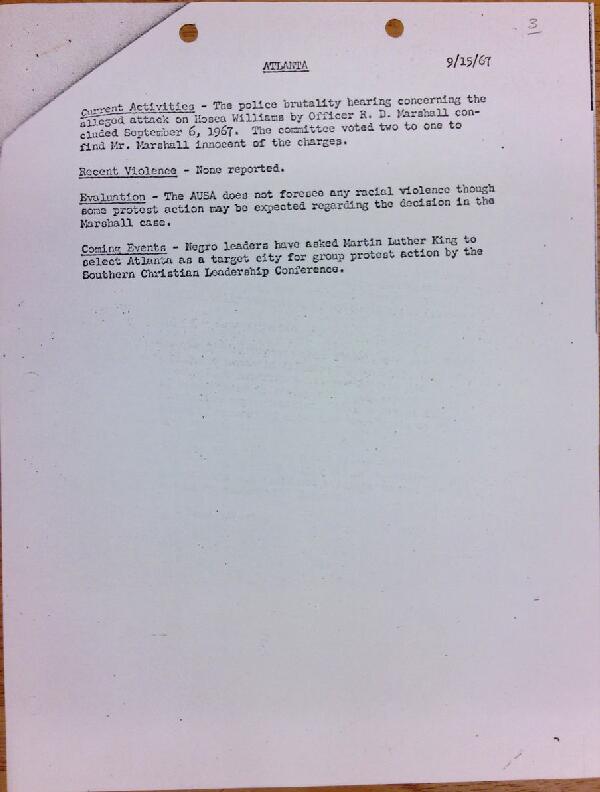 First page of Atlanta report of activities (September 15)