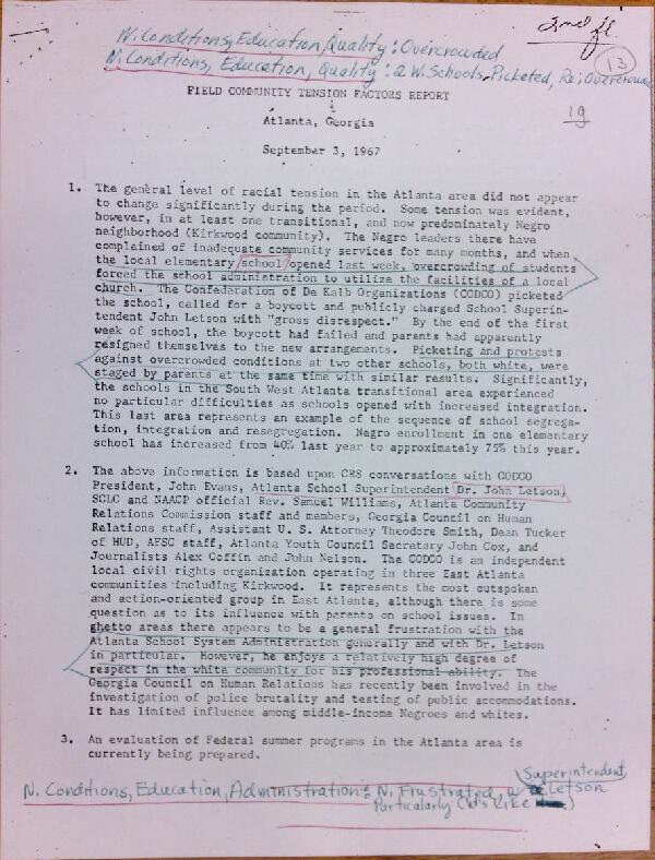 First page of Field Community Tension Factors Report Atlanta, Georgia (September 3) - with handwritten notes