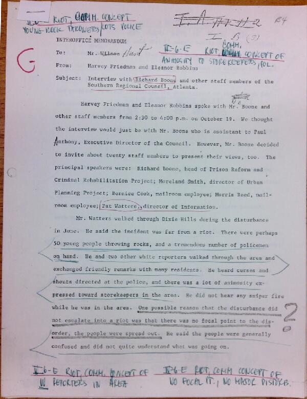 First page of Memo to Isaac Hunt from Harvey Friedman and Eleanor Robbins about an interview with Richard Boone - with handwritten notes